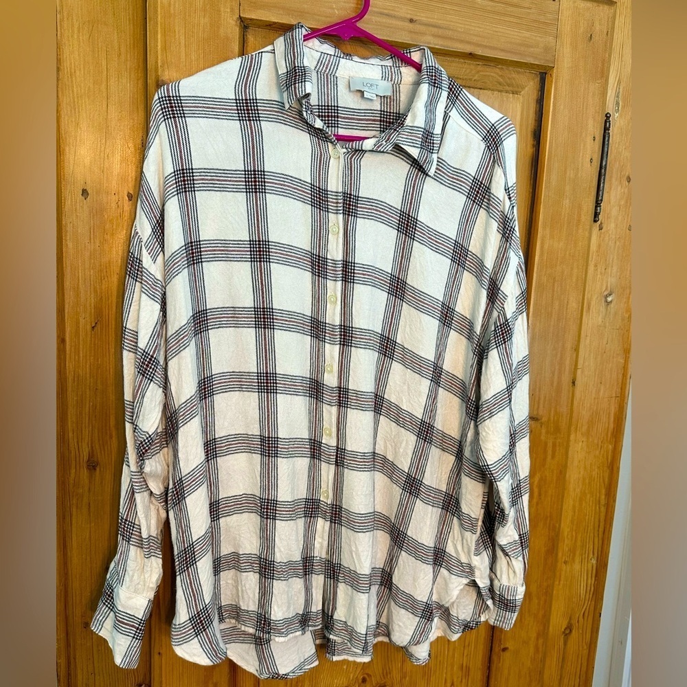 Loft Button Down Cream w/Black & Brown Stripes Size Large Oversized Never Worn